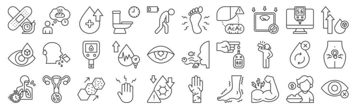 30 thin line Diabetes Symptoms icons for web, app and interface design featuring slow, diabetic, rapid, hunger, dehydration. Vector outline collection