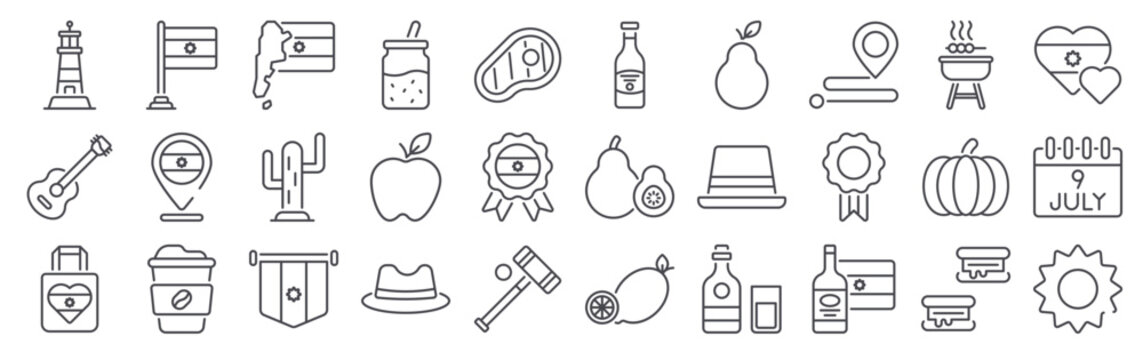 30 thin line Argentina icons for web, app and interface design featuring lighthouse, guitar, tote bag, argentina flag, argentina map. Vector outline collection
