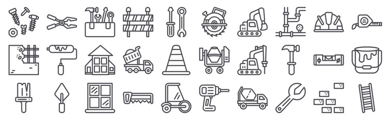30 thin line Construction Tools icons for web, app and interface design featuring screws, concrete, paint and brush, pliers, roll paint brush. Vector outline collection © Elijah