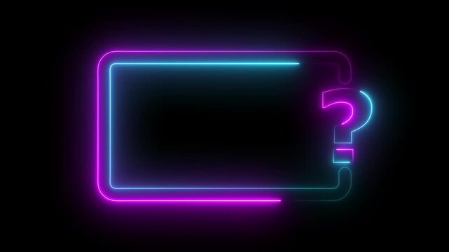 Neon question mark and rectangular frame animation with glowing line option selection, designed as a modern quiz challenge template for interactive games on a dark black background.