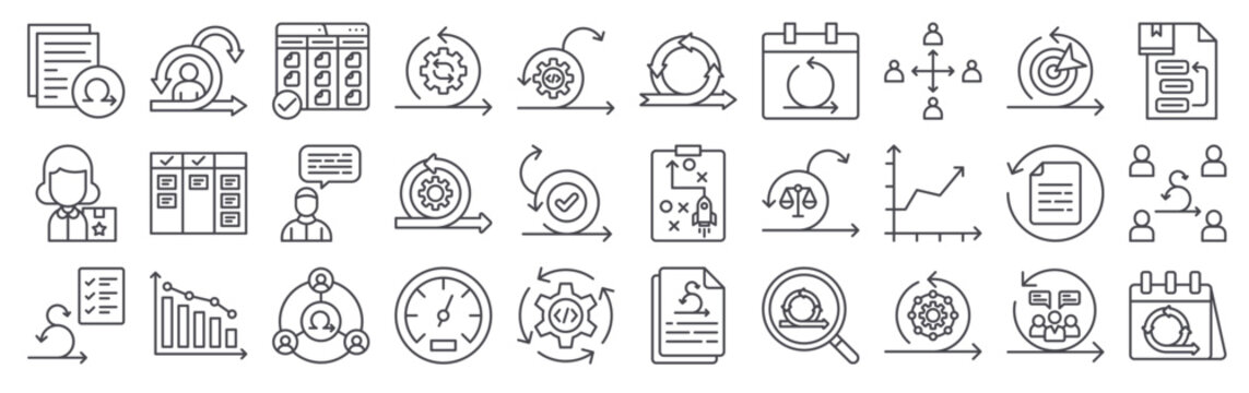 30 thin line Scrum Development icons for web, app and interface design featuring backlog, product, definition, scrum, scrum. Vector outline collection