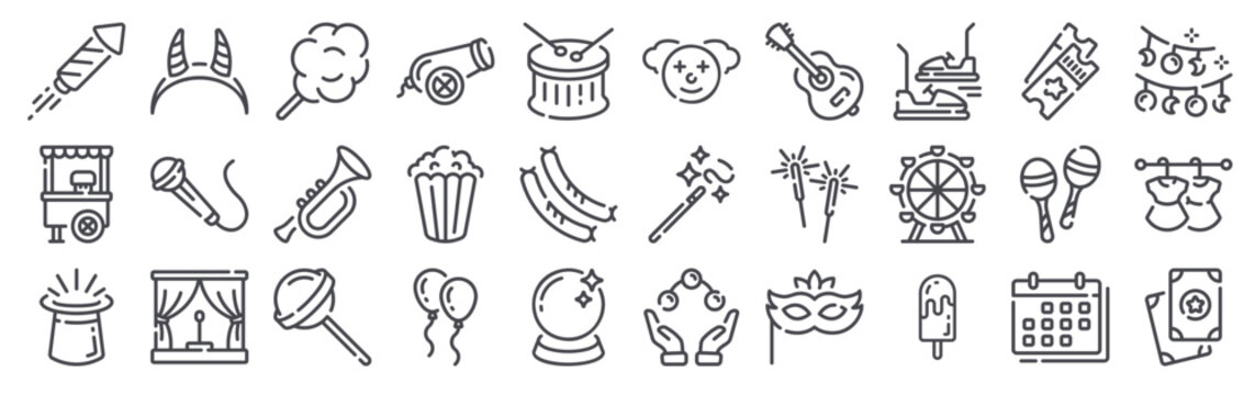 30 thin line Carnival icons for web, app and interface design featuring firework, food cart, magic hat, headband, microphone. Vector outline collection