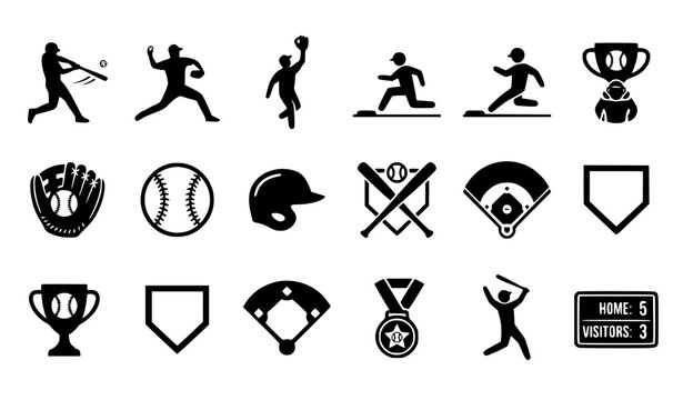 Monochrome Baseball Sports Icons with Player Silhouettes and Equipment Symbols
