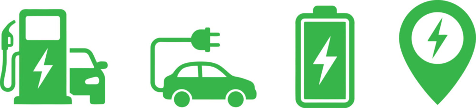 Electric Vehicle Charging Icons Green Flat Pictograms On White Background