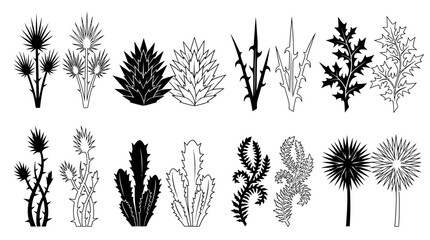 Assorted Plant Silhouettes Black And White Vector Illustration © Vector Hub24