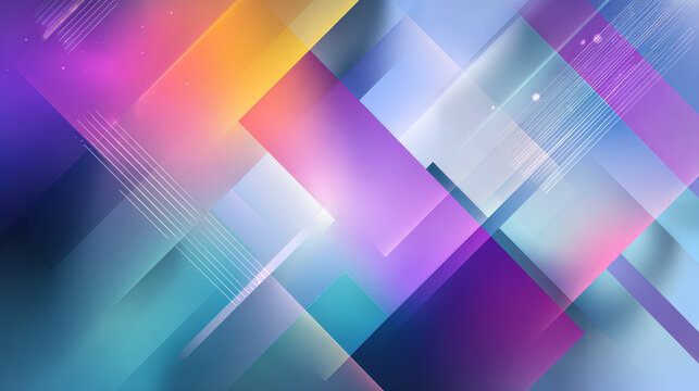 Vibrant geometric abstract background featuring overlapping translucent rectangles in purple, blue, and yellow hues. Modern digital art design perfect for creative projects and presentations
