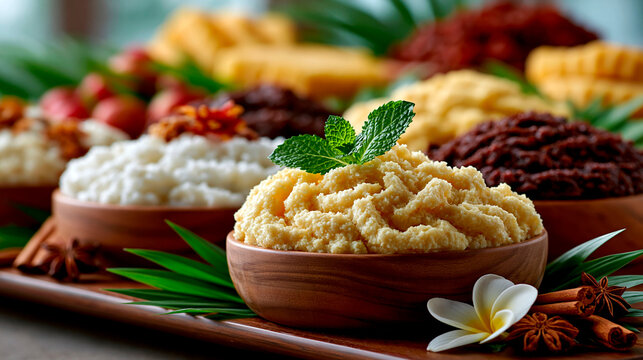 Traditional assortment of sweet puddings and desserts served in wooden bowls with tropical leaves and aromatic spices, authentic festive cuisine, rich flavors and cultural food presentation