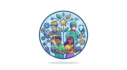 Naklejka premium Diverse Professions Collage: Engineering, Medicine, Technology, Art, Growth