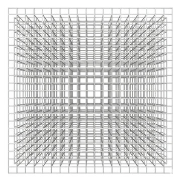Intricate three-dimensional grid made of polished sterling silver filaments with uniform square apertures on a transparent background, industrial design concept