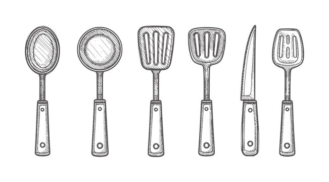 Hand drawn kitchen utensils including spoons spatulas and knife ladle slotted