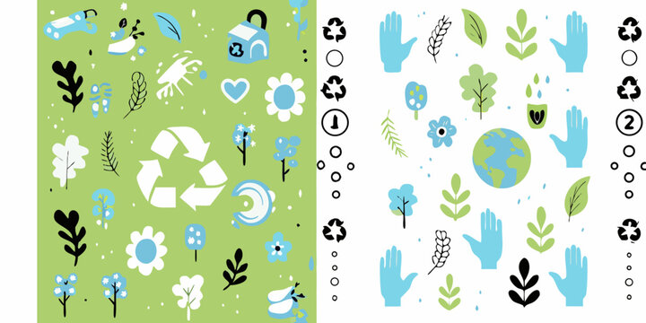 Sustainability themed floral and recycling symbol vector pattern with green and blue hues
