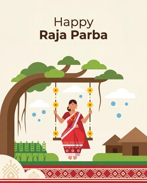Happy Raja Parba Minimal Flat Vector Poster with Traditional Odisha Woman on Swing