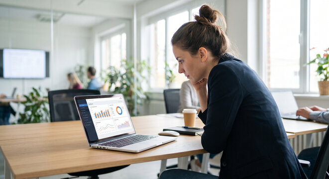 Young business woman analyzing financial data on laptop in modern office