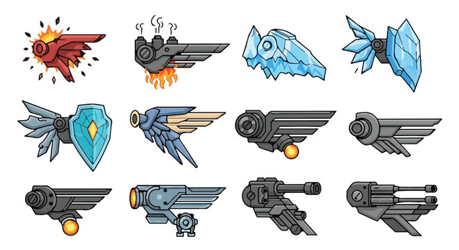 Collection of futuristic mechanical wings and engines for game design