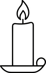 Fototapeta premium Simple line drawing of a lit candle in a holder, isolated on white background.