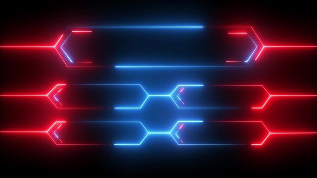 Neon lower third text box overlay animation loop on black background. Cyberpunk neon glowing banner frames for text hud element template