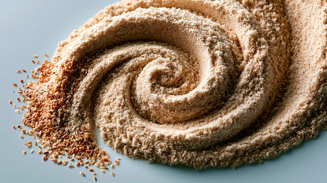 Whole grain flour arranged in spiral pattern with scattered cereal seeds, natural baking ingredient background, healthy nutrition concept, organic food texture and artisanal craftsmanship