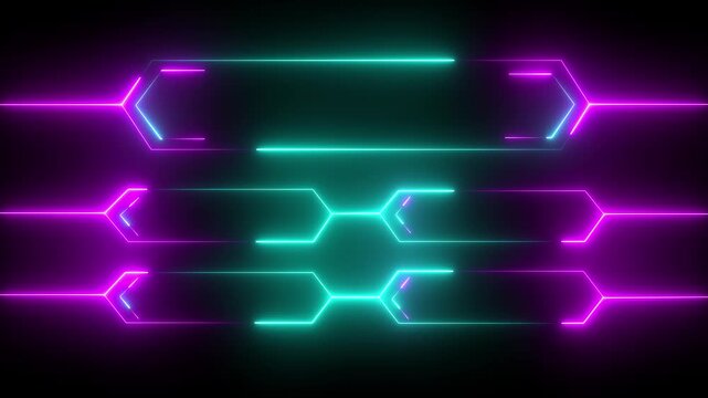 Neon pink  and cyan lower third text box overlay animation loop on black background. Cyberpunk neon glowing banner frames for text hud element template