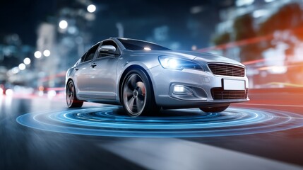 Fototapeta premium Modern Silver Sedan Car Driving on City Street at Night with Motion Blur
