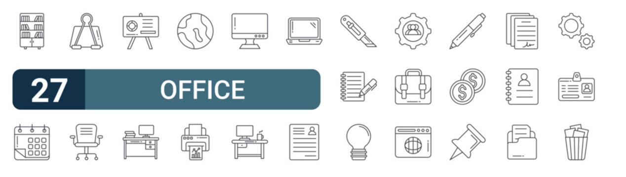 Pack of 27 linear Office web icons such as cupboard, calender, paper clip, office chair, presentation. Editable vector stroke symbols