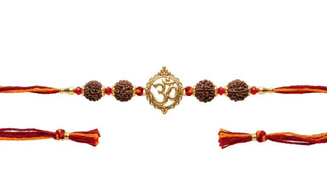 Om symbol rakhi with rudraksha beads, isolated on transparent background