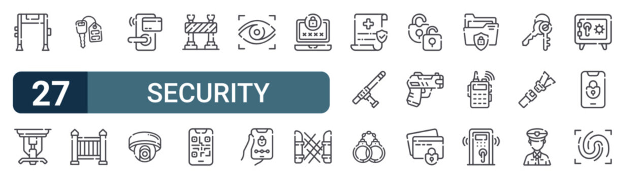 Pack of 27 linear Security web icons such as scanner, sprinkler, car keys, fence, keycard. Editable vector stroke symbols