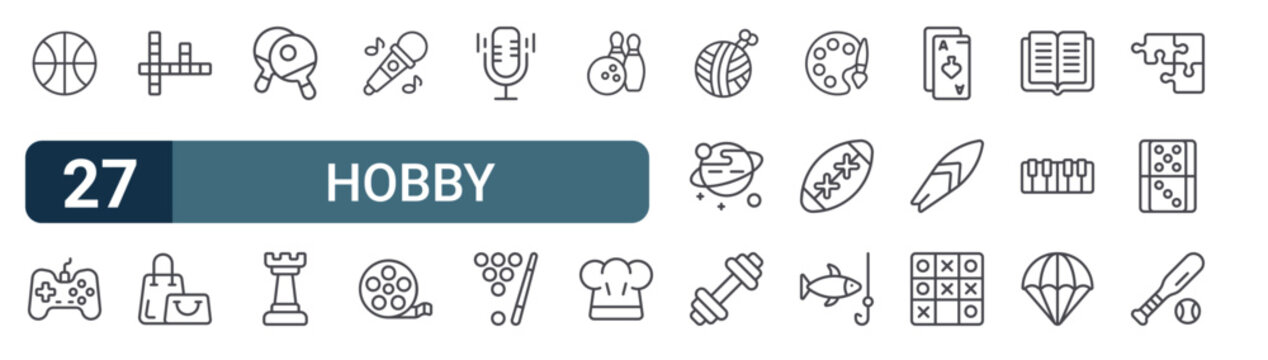 Pack of 27 linear Hobby web icons such as basketball, joystick, crossword, shopping bag, ping pong. Editable vector stroke symbols