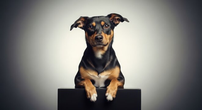 Studio portrait of a cute black and tan mixed breed dog sitting on a black box against a grey background