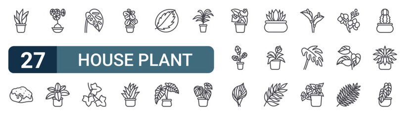 Pack of 27 linear House Plant web icons such as variegated snake plant, moss, lotus, dumb cane, monstera leaf. Editable vector stroke symbols © Charlotte