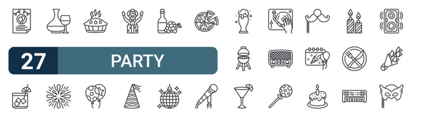 Pack of 27 linear Party web icons such as invitation, cocktail, wine, firecracker, pie. Editable vector stroke symbols © Charlotte