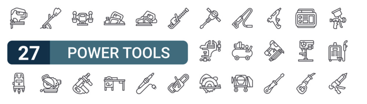 Pack of 27 linear Power Tools web icons such as Jigsaw, laser level, string trimmer, mitre saw, bench grinder. Editable vector stroke symbols