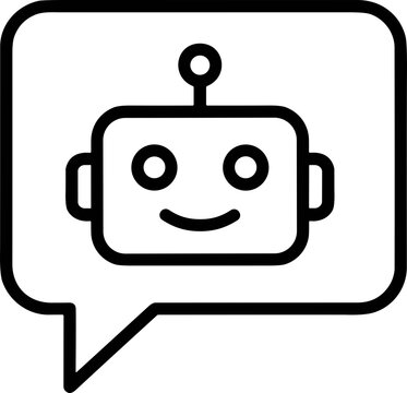 Chatbot icon in speech bubble, outline robot face with smile, digital assistant concept