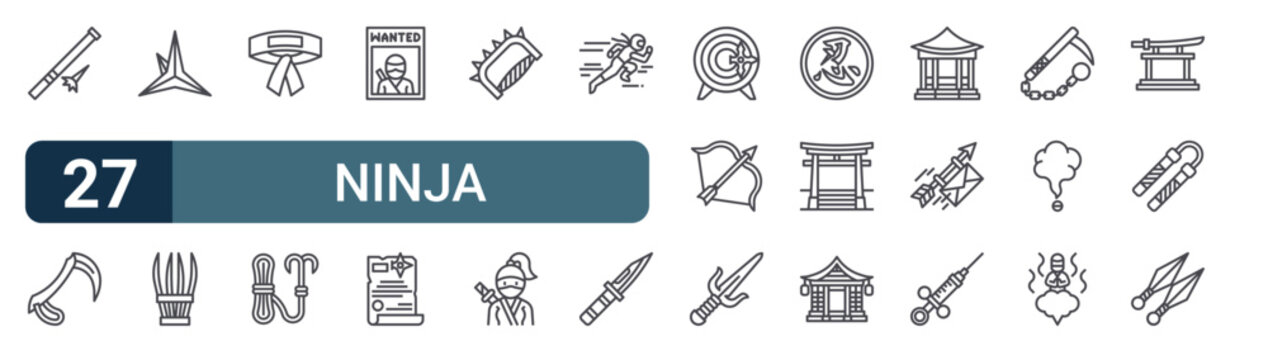 Pack of 27 linear Ninja web icons such as poison, kama, makibishi, tekko, headband. Editable vector stroke symbols