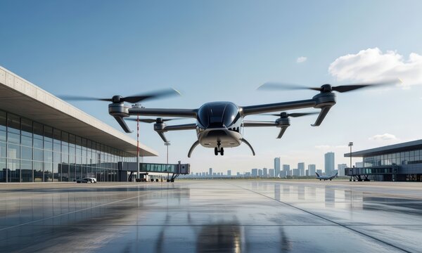 The eVTOL air taxi hovers above the airport as it prepares for takeoff. Nearby buildings reflect a modern skyline, illustrating the future of air taxi transport and VTOL technology.