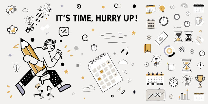 Time Management Vector Set Doodle Style Illustration With Clock Elements