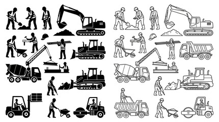 Construction equipment and workers black and white silhouette collection © Vector Hub24