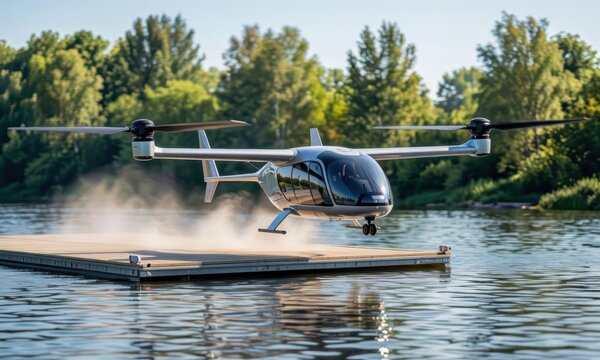 An eVTOL air taxi hovers above a platform on the water. The eVTOL design showcases futuristic VTOL technology in a natural setting.