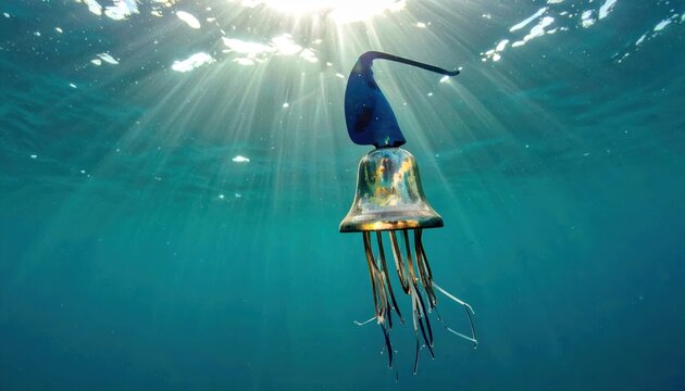 Intricate Portuguese Man O' War Floating Underwater with Sunlight Rays Illuminating Its Bell and Trailing Tentacles