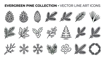 Evergreen Pine Line Art Icons. © elsa