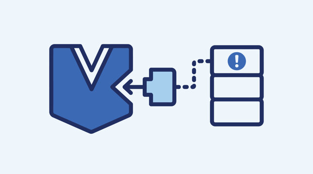 Data synchronization error icon, vector illustration of a server connection failure with a warning sign