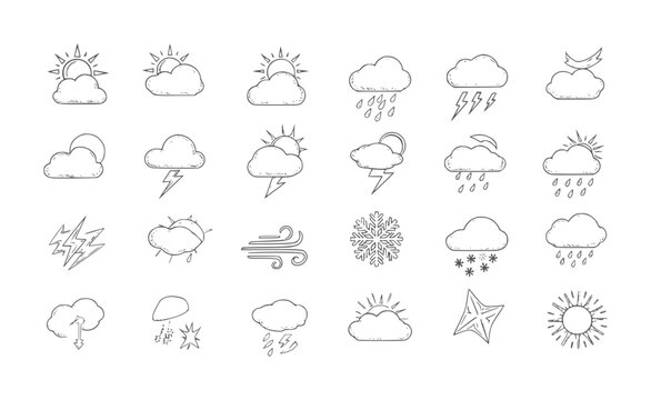 Hand drawn weather sun clouds rain lightning snow wind