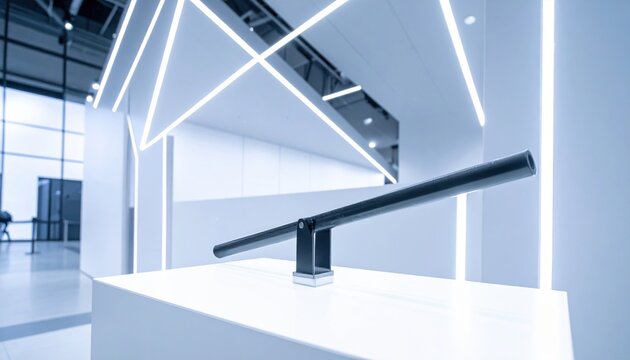 Sleek graphite rod precisely angled on a minimalist white display, illuminated by modern geometric lighting