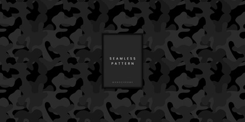 Seamless monochrome camouflage pattern or urban camo background with large rounded shapes in shades of black and charcoal for military street style fashion and modern apparel design © gegen.Temp