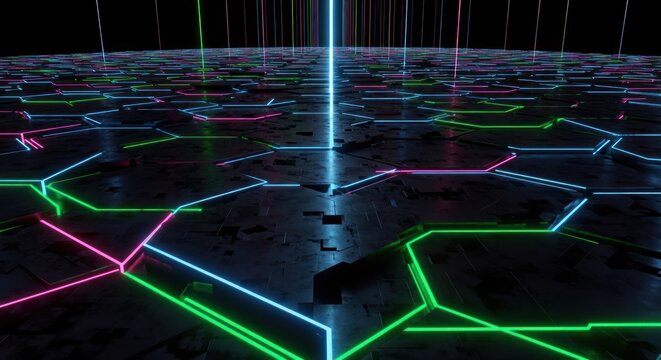 Glowing neon lines trace geometric patterns across a dark, textured technological surface receding into the distance.