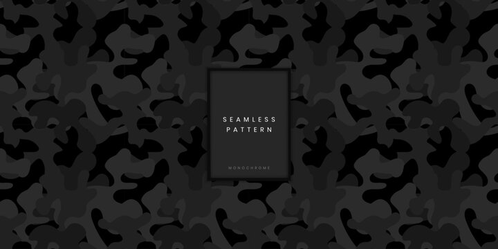 Seamless monochrome camouflage pattern or urban camo background with large rounded shapes in shades of black and charcoal for military street style fashion and modern apparel design