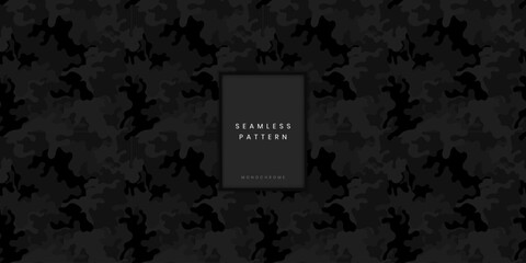 Seamless monochrome camouflage pattern or tangled forest camo with organic black shapes for tactical hunting equipment and military apparel textile or denim surface design © gegen.Temp