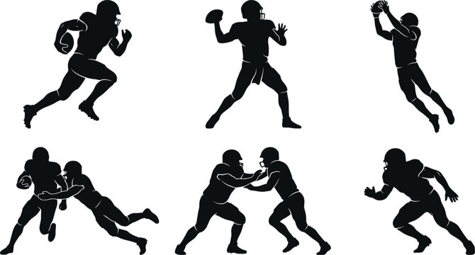 Black silhouette american football players in action