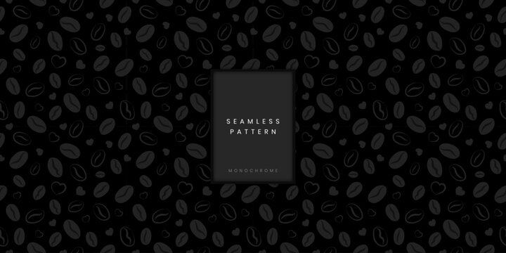 Seamless pattern of roasted coffee beans and small hearts on dark black background