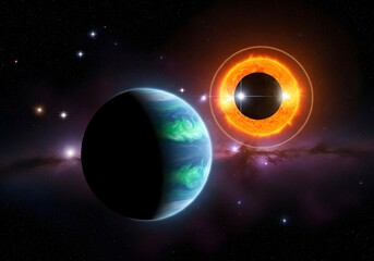 Fototapeta premium Earth and Moon Floating in Space Near the Sun and Stars