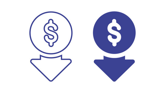 Dollar Currency Down Arrow Icon Set in Outline and Filled Style, Financial Decline, Price Reduction, Cost Savings and Budget Management Vector Illustration